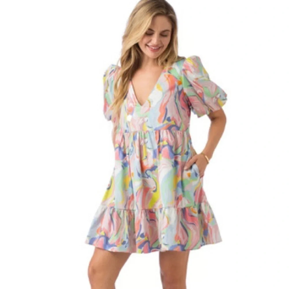 Crosby by Mollie Burch Izzy Dress Palm Beach Marble puff sleeve pastel mini
